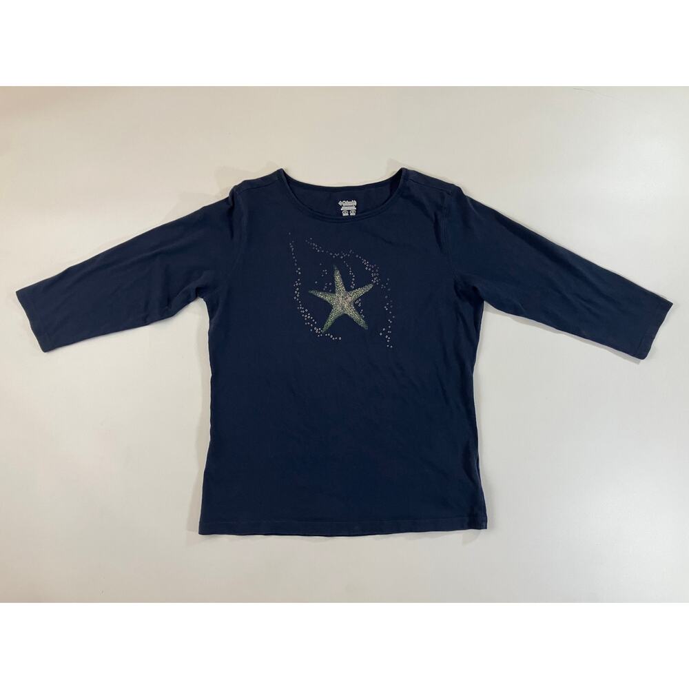 Columbia Women's L Navy Starfish Long Sleeve Graphic Shirt 100% Cotton